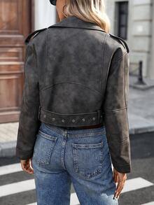 Áo khoác giả da nữ, áo khoác ngắn tay dài có khóa kéo kiểu biker. - Màu Xám nhạt - Xem 9