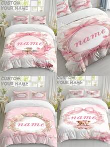 3pcs Customized Name Floral Butterfly Bedding Set, Sweet Princess Style, Suitable For Girls' Bedroom, Sleepovers, Gifts, Personalizes Sleeping Space, Easy To Match And Clean, Customized Duvet Cover, Customized Name Bedding Set, Suitable For All Occasions - Multicolor - View 1
