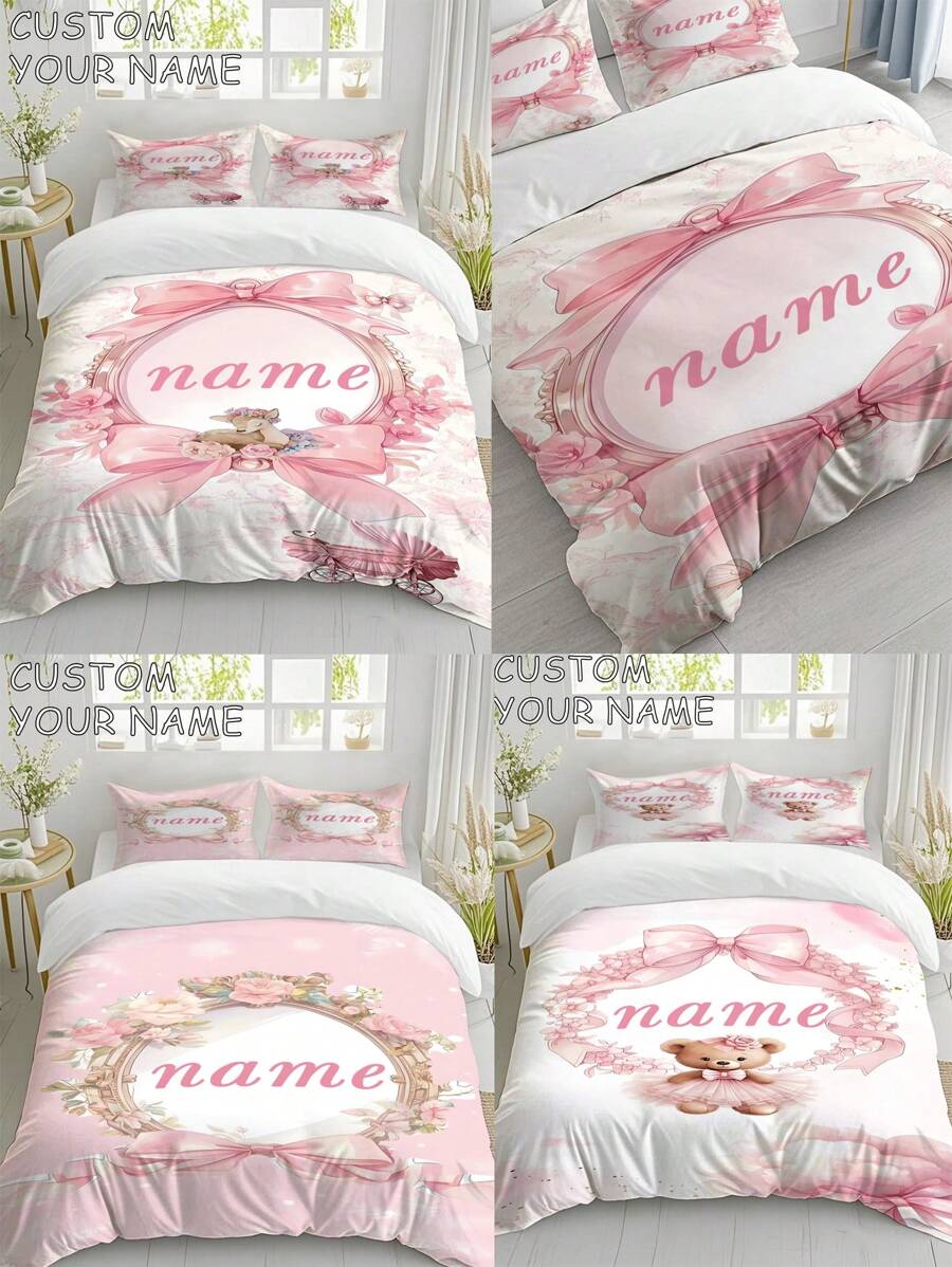 3pcs Customized Name Floral Butterfly Bedding Set, Sweet Princess Style, Suitable For Girls' Bedroom, Sleepovers, Gifts, Personalizes Sleeping Space, Easy To Match And Clean, Customized Duvet Cover, Customized Name Bedding Set, Suitable For All Occasions - Multicolor - View 1