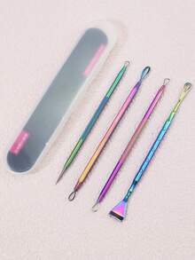 4 件套不锈钢祛痘工具套装，黑头和粉刺粉刺提取器套装（带盒），美容化妆工具套装 - 彩色 - 查看 7