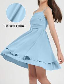 EXARUS Girls Flowy Ruffled Hem/Puff Bubble Dress Teen Ruched Summer Adjustable Spaghetti Strap Casual Cami Mini Dresses - 天藍色 - 查看 3