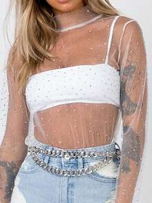 Women's Shine Rhinestone Mesh Tops Sheer Long Sleeve Tee Shirts Bodycon See Through Blouse Clubwear - White - View 3