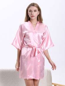 1 szt. Damski, modny, sztuczny jedwabny szlafrok kimono z dekoltem w serek i wiązaniem w talii, krótki rękaw, piżama