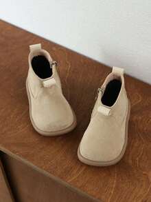 1 Pair Kids' Soft Sole Anti-Slip Warm Lined Simple Fashion Flat Round Toe Ankle Boots, Suitable For Outdoor Sports In Autumn/Winter - Màu Khaki - Xem 4