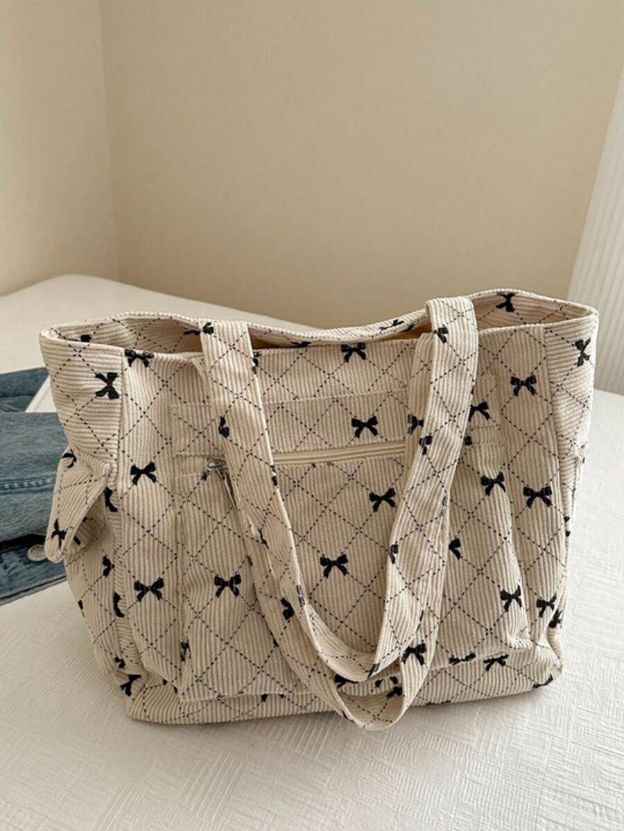 1 Fashionable Contrasting Color Bow Printed Shoulder Bag, Simple And Lightweight, Multiple Pockets, Single Shoulder Tote Bag