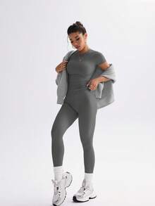 FWH 1. 可爱纯色露脐上衣，弹力修身圆领甜美时尚百搭外套，优雅高腰显瘦休闲收腹日常基础款舞蹈服拉长腿部线条提臀街头跑步瑜伽两件套，春夏款 - 深灰色 - 查看 6