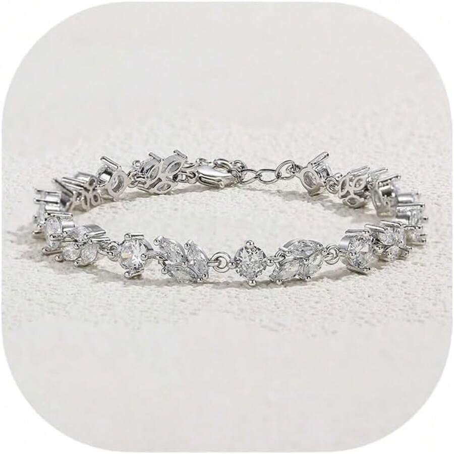 Crysdue Wedding Bridal Link Bracelet Brides Bridesmaids, Marquise Cubic Zirconia Tennis Bracelets Women Prom Jewelry - C_銀色 6.69-8.27英寸 - 查看 1