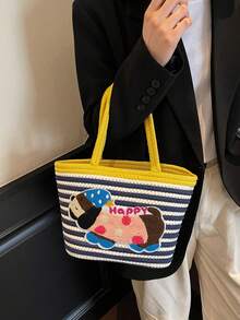 腊肠犬图案编织托特包，大容量，单肩包，针织手提包 - 黃色 - 查看 2
