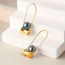 Black Tahitian Pearl Earrings, Lightweight, Golden Seamless Rings - 金的 - 查看 3
