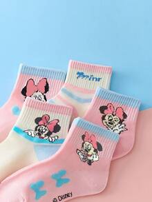 Disney 5双主题儿童袜子，米奇卡通风格女童中筒袜，粉色公主袜 - 彩色 - 查看 3