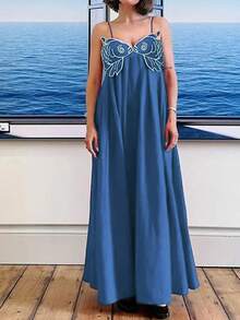 Womens Koi Fish Long Strap Dress Summer High Waist Flowy Cami Dress Spaghetti Strap V Neck Smocked Long Dress Vacation Beach Maxi Dress - 藍色 - 查看 4