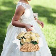 一套柳条花童篮和头饰，手工编织柳条篮，配珍珠手柄和蝴蝶结，仙女花篮，婚礼花童珍珠头饰，适合婴儿派对 - 彩色 - 查看 7