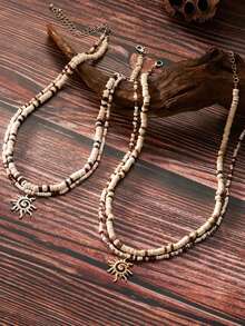 2 件时尚串珠项链，独特高端太阳吊坠双层颈链，男女款夏季休闲项链，情侣项链 - 彩色 - 查看 3