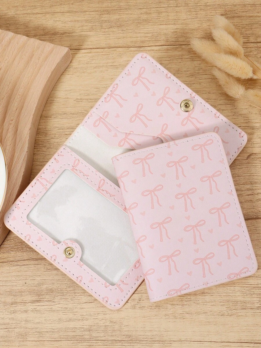 粉色蝴蝶结爱心图案迷你钱包，时尚简约卡包，纤薄轻巧便携，可装现金、身份证、信用卡、硬币，适合作为生日、周年纪念礼物送给爱人、女性、女孩、青少年、大学生、男士 - 粉色 - 查看 1