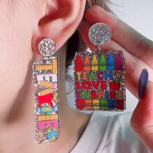 4/2pcs Colorful Pencil, Book Acrylic Stud Earrings, Cartoon Dangle Earrings, Suitable For Teacher's Day, Graduation, Back To School, Party, Street Style, Vacation, Daily Wear, Halloween, Christmas (No Card Included)