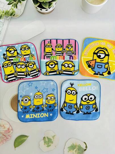 Minions 5条装 小黄人印花卡通儿童女童小方巾 15*15 小黄人纯棉小方巾 小毛巾 幼儿园口水巾 吸水手巾 小方巾 纯棉吸水家用口水巾 手帕