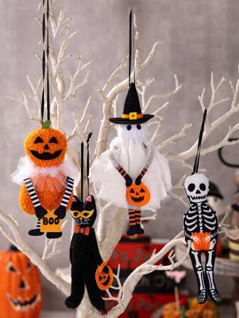 4Pcs Halloween Decorative Pendant, 6.89* 3.15-Inch Cute Pumpkin,Black Cat,Ghost,Skull Pendant, Suitable For Halloween, Room Decor, Living Room, Bedroom, Home Decor, Gifts, Gift-Giving, And Festival Party Decor
