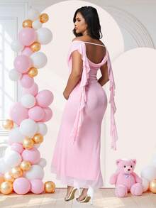 孕妇优雅露肩荷叶边连衣裙，适合婴儿派对和夏季穿着 - 淺粉色 - 查看 2