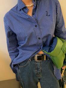 Koszula damska w kratę na jesień/zimę, nowa, modna, w stylu uniwersyteckim, haftowany wzór, kieszenie zapinane na guziki z przodu, luźna, wygodna, idealna do pracy, Klein Blue, odpowiednia do noszenia na co dzień i do pracy