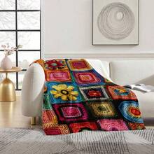 1pc Comfortable Colorful Crochet Floral Pattern Flannel Blanket, Bedroom Decor, Picnic Mat, Travel Throw, Wool Blanket, Bed Blanket, Plush Throw, Casual Blanket, Autumn Blanket, Summer Quilt, Bedroom Rug, Soft Blanket, Sofa Cover, Cool Fleece, Soft Polyester Knitted Design, Multi-Purpose, Machine Washable, Bedding, A Fluffy Blanket And Casual Throw, Ideal Gift For Family And Friends On Birthday, Anniversary, Everyday - Multicolor - View 4