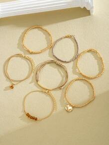 11/7pcs Fashionable, Elegant, Delicate, Retro Multilayer Stacking Bracelet Set With Pearl Beads, Faux Gems, Geometric Shapes, Waxed Cord, Snake Chain, Braided Chain, Box Chain, Smooth Links, Minimalist Style, Suitable For Holidays, Parties, Dates, Gifts, Daily Wear