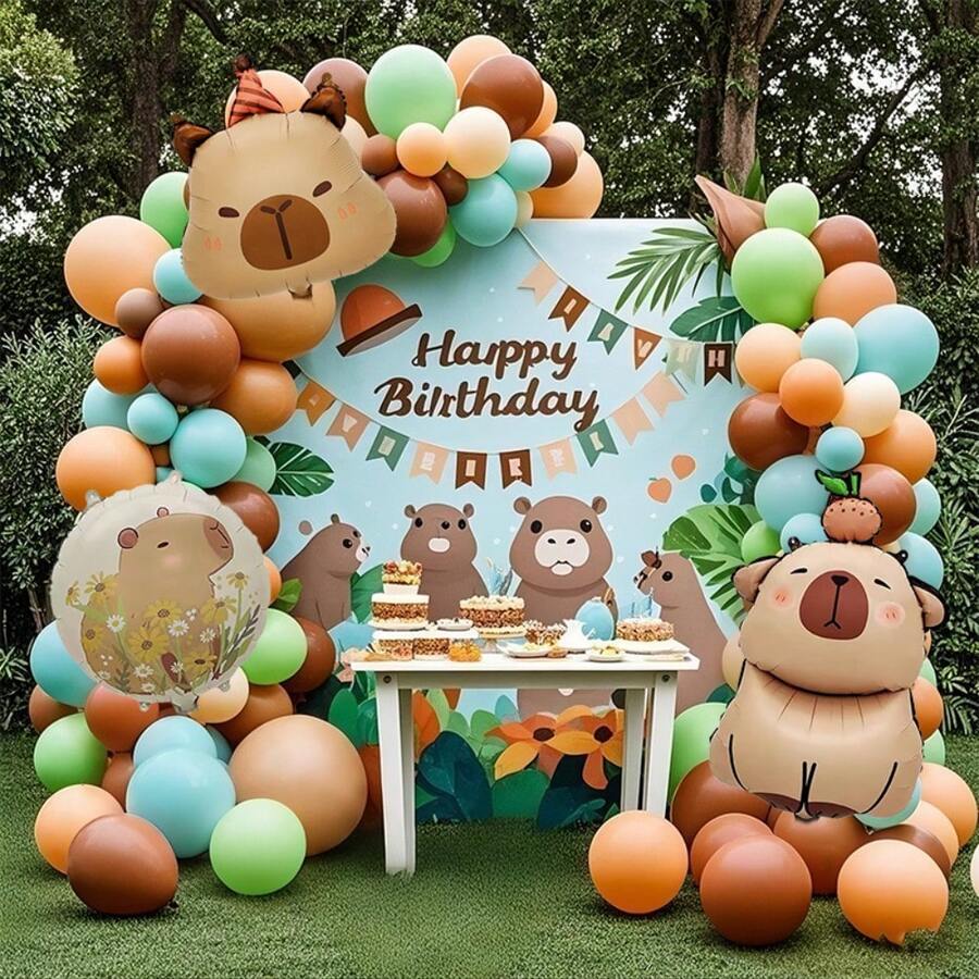 Bộ bóng bay chủ đề Capybara, 126 quả màu nâu, tông màu da cổ điển, xanh dương, xanh lá cây (18/10/5 inch), có bóng bay hình Capybara và bóng bay lá kim loại tròn, thích hợp cho tiệc sinh nhật và tiệc tiết lộ giới tính - 126 chiếc Nâu, Màu da, Xanh lam, Xanh lục - Xem 1