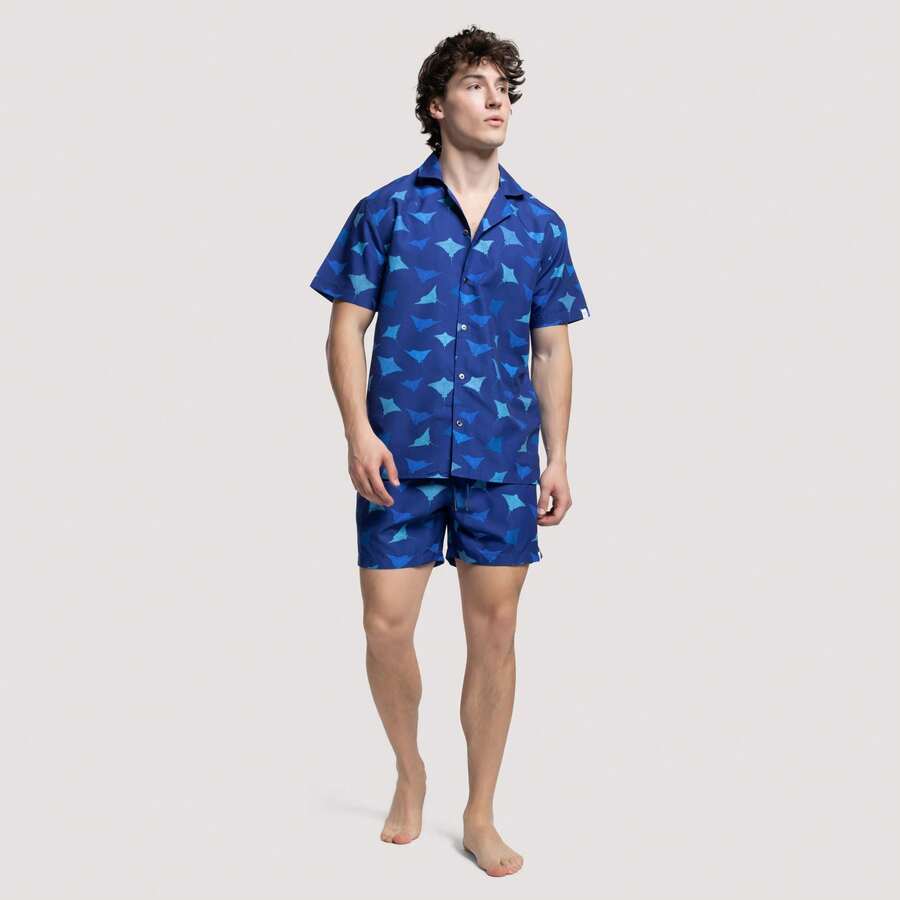 Short Sleeve Manta Cuban Shirt - Blue - View 1