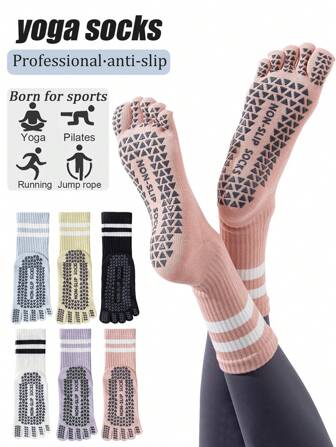 1/3/6 双女士多色专业瑜伽袜，防滑硅胶地板袜，普拉提室内踝袜，健身，春夏季长筒运动袜，分趾袜
