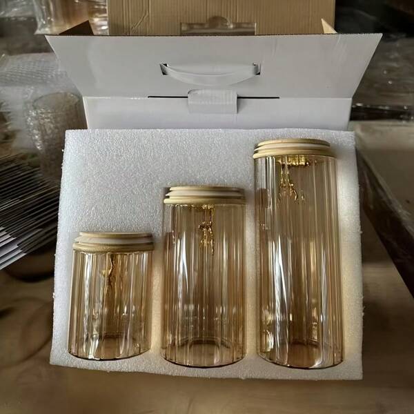 Conjunto de 3 potes de vidro para armazenamento, recipientes de vidro listrados com tampas de bambu, design criativo de veado, garrafas organizadoras para casa
