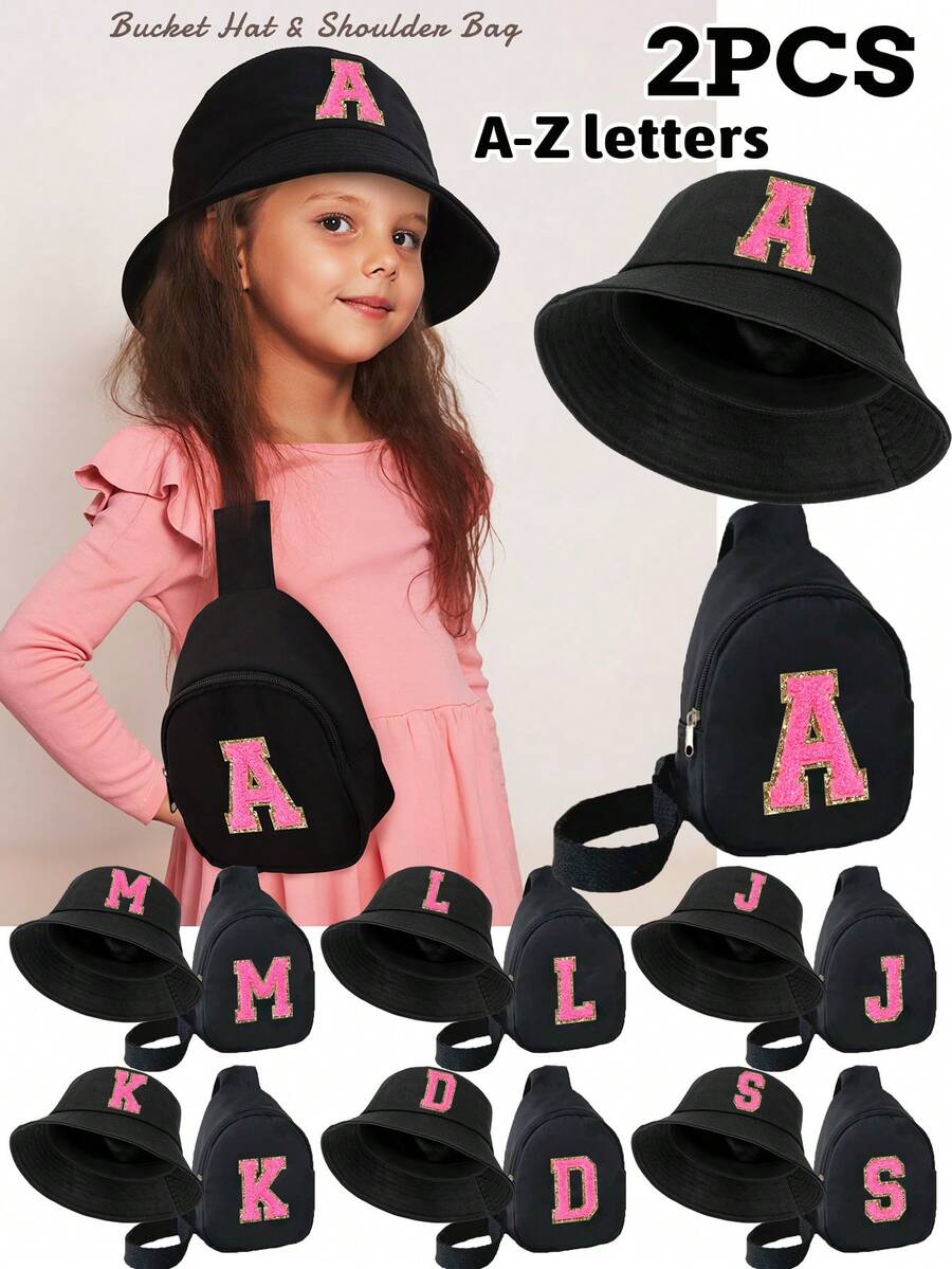 2 Pieces Letter Children's Bucket Hat, Stylish Simple Visor With A Shoulder Crossbody Bag, Suitable For Boys And Girls To Go Out Everyday.