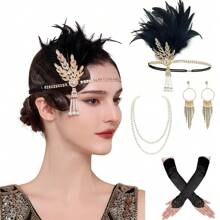 20 世纪 20 年代婚礼/派对头饰套装，包括头带、仿珍珠项链、手套、复古锌合金配饰，适合万圣节舞会