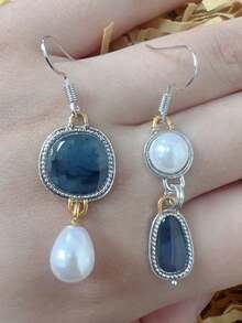 1 对复古几何珐琅珍珠耳环，创意不对称双色金属手工吊坠耳环