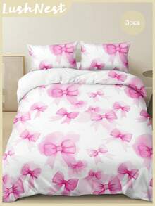3件粉色蝴蝶结数码印花羽绒被套套装（1个羽绒被套+2个枕套，无填充物），适合房间装饰，日常使用，柔软亲肤的涤纶纤维，适用于卧室、主卧、客房、宿舍，四季皆宜