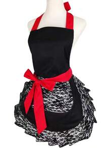 Black Lace Flirty Apron With Pocket, Retro Cooking Aprons Women - 黑色蕾絲 - 查看 11