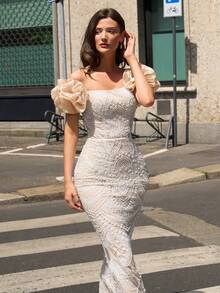 Faeriesty Off-Shoulder Mermaid Gown With Floral Beading, Ruffled Sleeves, Sheer Embroidered Skirt, Perfect For Formal Dinners, Weddings, Bridal Photo Shoots - Apricot - View 9