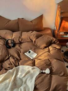 3pcs Solid Color Washed 100% Cotton Soft Bedding Set - Brown - View 4