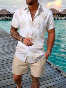 Conjunto Casual Masculino com Camisa de Manga Curta e Shorts Estampados - Caqui - Visão 1