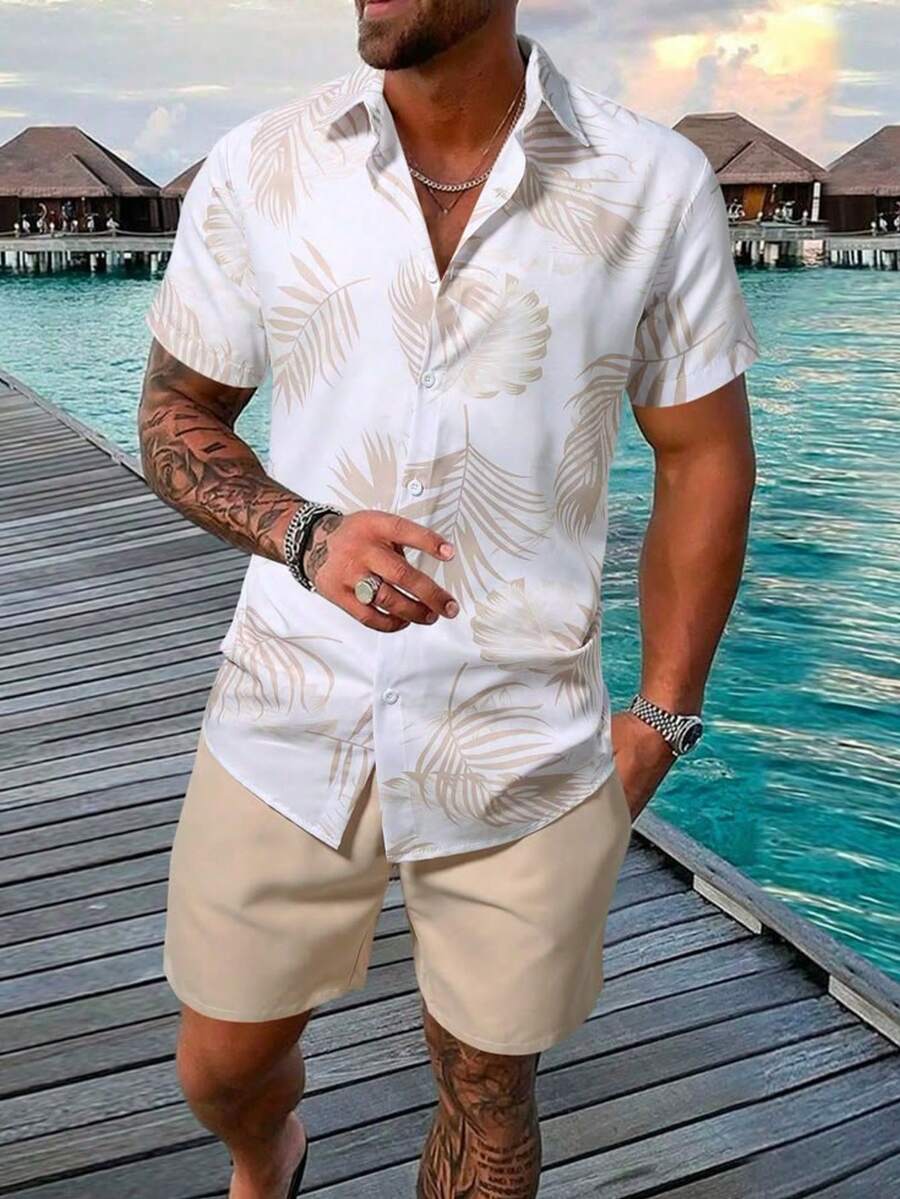 Conjunto Casual Masculino com Camisa de Manga Curta e Shorts Estampados - Caqui - Visão 1