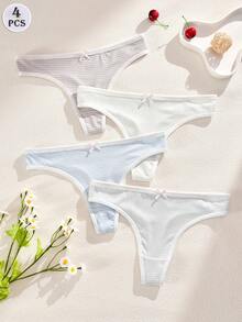 4 件装女士性感低腰丁字裤，采用纯色聚酰胺针织面料，舒适透气的 V 型内裤，蝴蝶结细节女士内裤 - 彩色 - 查看 1