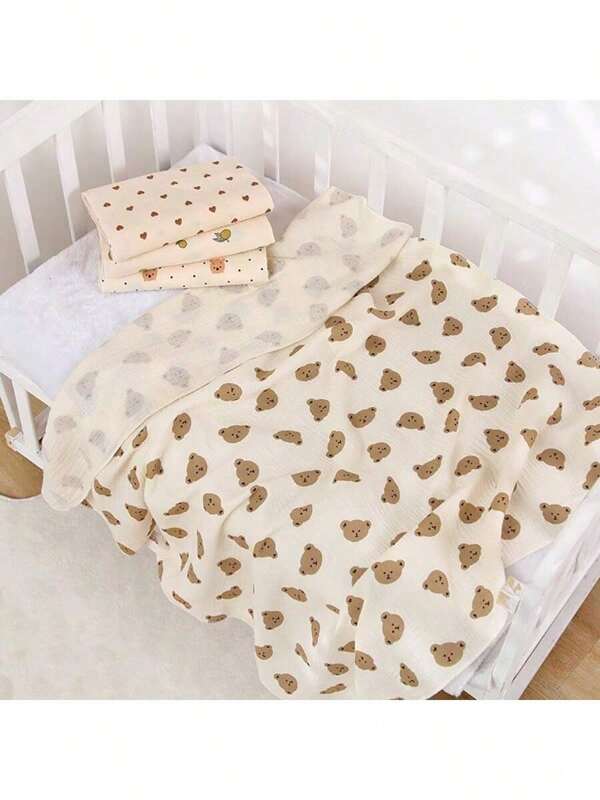 1pc Baby Muslin Bath Towel, Infant Absorbent Bathing Cloth, Double Layer Lightweight Bathrobe, Newborn Swaddle Blanket, Cartoon Print Soft Children Throw Blanket, Baby Wrap Swaddle
