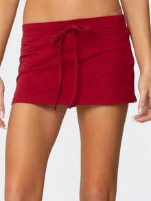Minifalda de cintura baja con cordón, estilo micro y elástico tipo body con short incorporado, falda corta de tela de sudadera de talle medio para mujer - Rojo - Ver 1