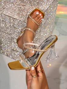 女士方头穆勒鞋，蝴蝶结亚克力高跟凉鞋