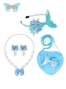 6Large Sequin Cape, Fish Tail Hair Accessory, Fish Tail Bag, Heart Bag, Faux Pearl Necklace, Bowknot Pendant, Mermaid Suit, Very Suitable Sending A Princess Gift Set To A Good Friend, Very Suitable For Dressing Up, Vacation, Daily Collocation, Easter, Halloween, Birthday Party, Christmas Gift, Party, Thanksgiving, Dress.