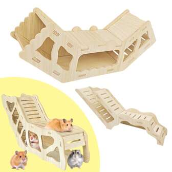 1 st trähamster, gerbil, gyllene hamsterleksakshus, gömställetunnel, klätterhus, lämplig för trappor i smådjursvilla