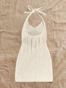 Vestido curto feminino estilo boho de verão, sexy, vazado, transparente, decote em V profundo, alças, costas nuas, saída de praia - Branco leitoso - Ver 7