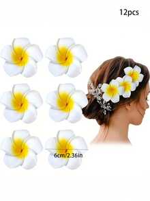 12 件夏威夷花朵发夹、梅花泡沫发夹、夏威夷热带风格派对装饰品、海滩泳池度假服装、夏威夷派对用品、新娘婚礼。 - 彩色 - 查看 6