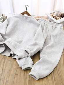 2pcs Set Boy Childlike & Warm Simple Drawing Print Sweatshirt Set, Comfortable And Soft, Spring & Autumn Daily Casual Wear - Grey - View 2