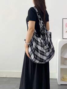 大容量黑白格纹单肩包，大学生背包，女士斜挎包，休闲多用途手提包，适合工作、学习、旅行 - 黑與白 - 查看 9