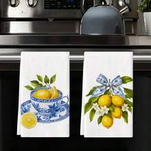2pcs Yellow Lemon Tree Potted Plant Print Towels, 40cm*60cm Microfiber Modern Absorbent Cleaning Cloths, Cooking Baking Tea Towels, Dishcloths, Hand Towels, Super Soft, High Absorbency, Kitchen Decor, Neighbor Gift, Mom Gift, Birthday Gift, Sweet Housewarming Gift For Friends, Kitchen Accessories, Daily Necessities, Life Essentials - Multicolor - View 3