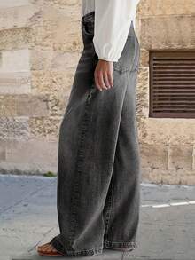Street Style Washed Solid Color New Mid-Waist Thin Loose Hundred Straight Jeans - 深灰色 - 查看 1